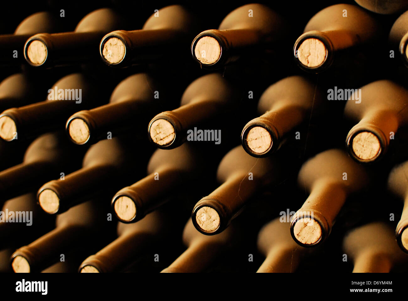Empilées de vieilles bouteilles de vin dans la cave Banque D'Images