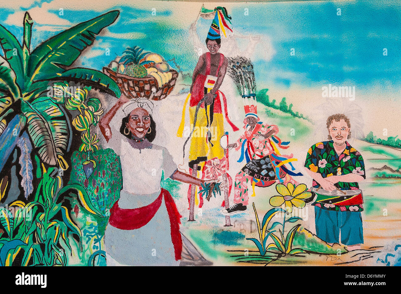 Peinture murale, femme portant un panier de fruits, Basseterre; St.kitts; île des caraïbes Banque D'Images