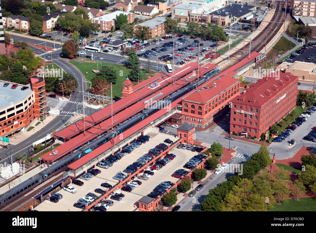 USA, Pennsylvania, Wilimington, New York, vue aérienne de la Wilmington Amtrak Banque D'Images