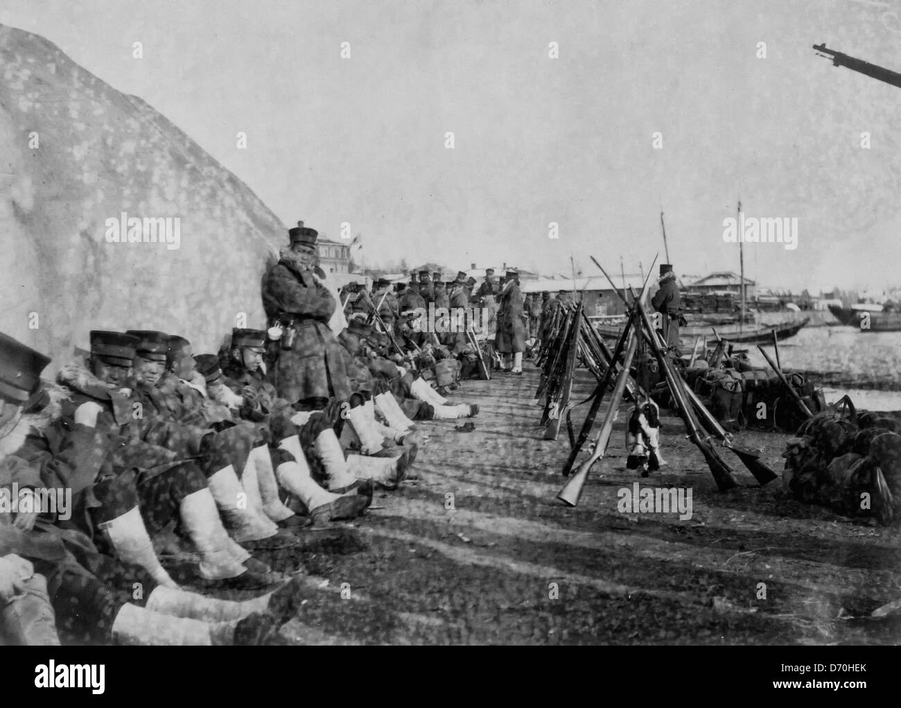 L'arrivée de soldats japonais à Chemulpo, la Corée au cours de la guerre, 1904 Japonais Russo Banque D'Images