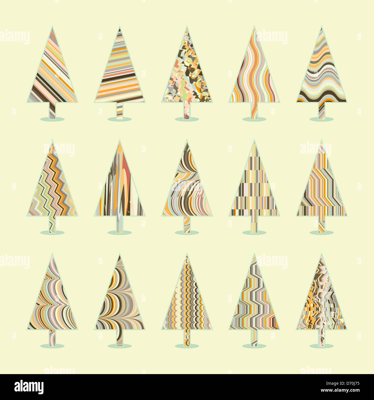 Ensemble d'arbres de Noël rétro 15 dessins ou modèles dans un seul fichier Banque D'Images