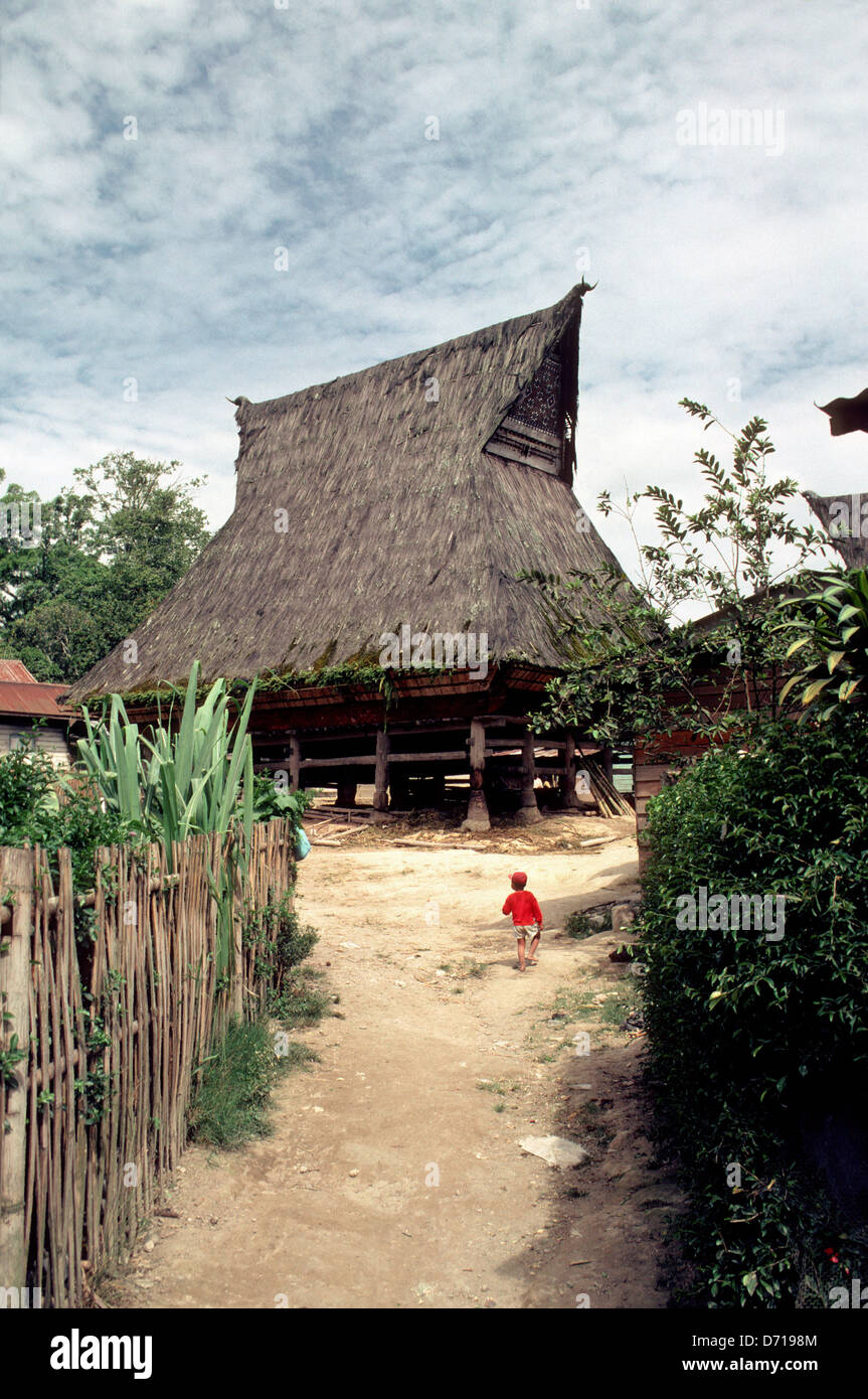 L'Indonésie, Sumatra, Lingga, Karo Batak Village, maison traditionnelle, Boy Banque D'Images