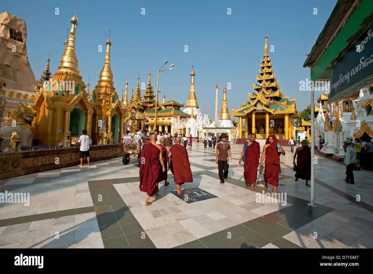 Les moines se promener autour de la pagode Shwedagon à Yangon Myanmar (Birmanie) Banque D'Images