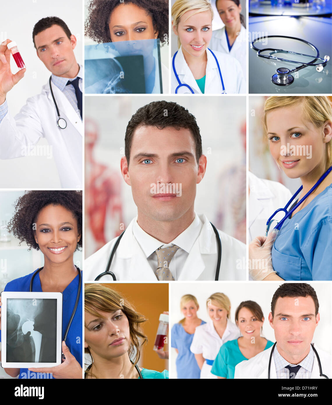 L'équipe médicale réussie interracial des infirmières et médecins, hommes et femmes dans un hôpital à la recherche de patients à des rayons X et de l'échantillon de sang Banque D'Images