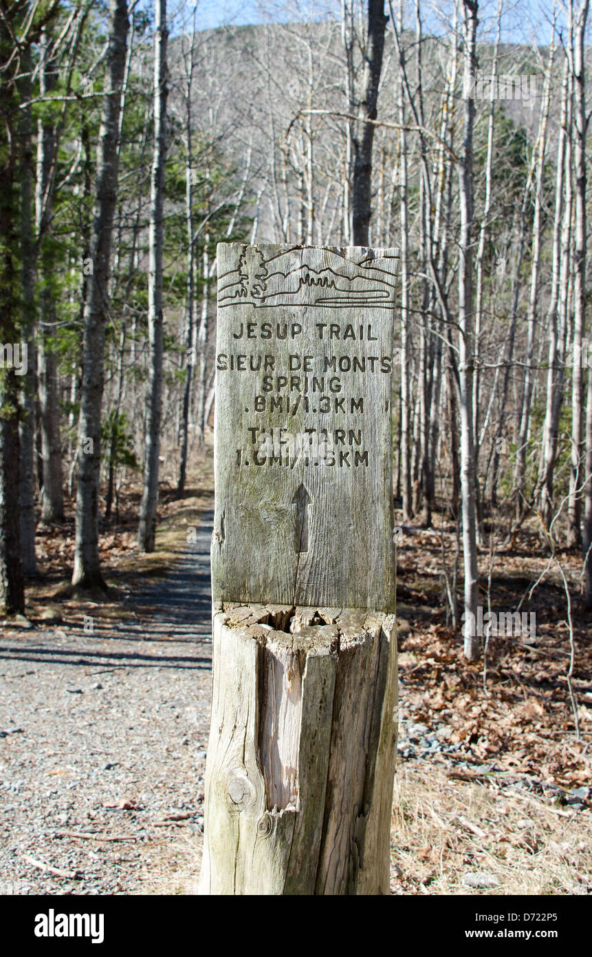 Un style rustique log trail marqueur dans l'Acadia National Park, Maine. Banque D'Images