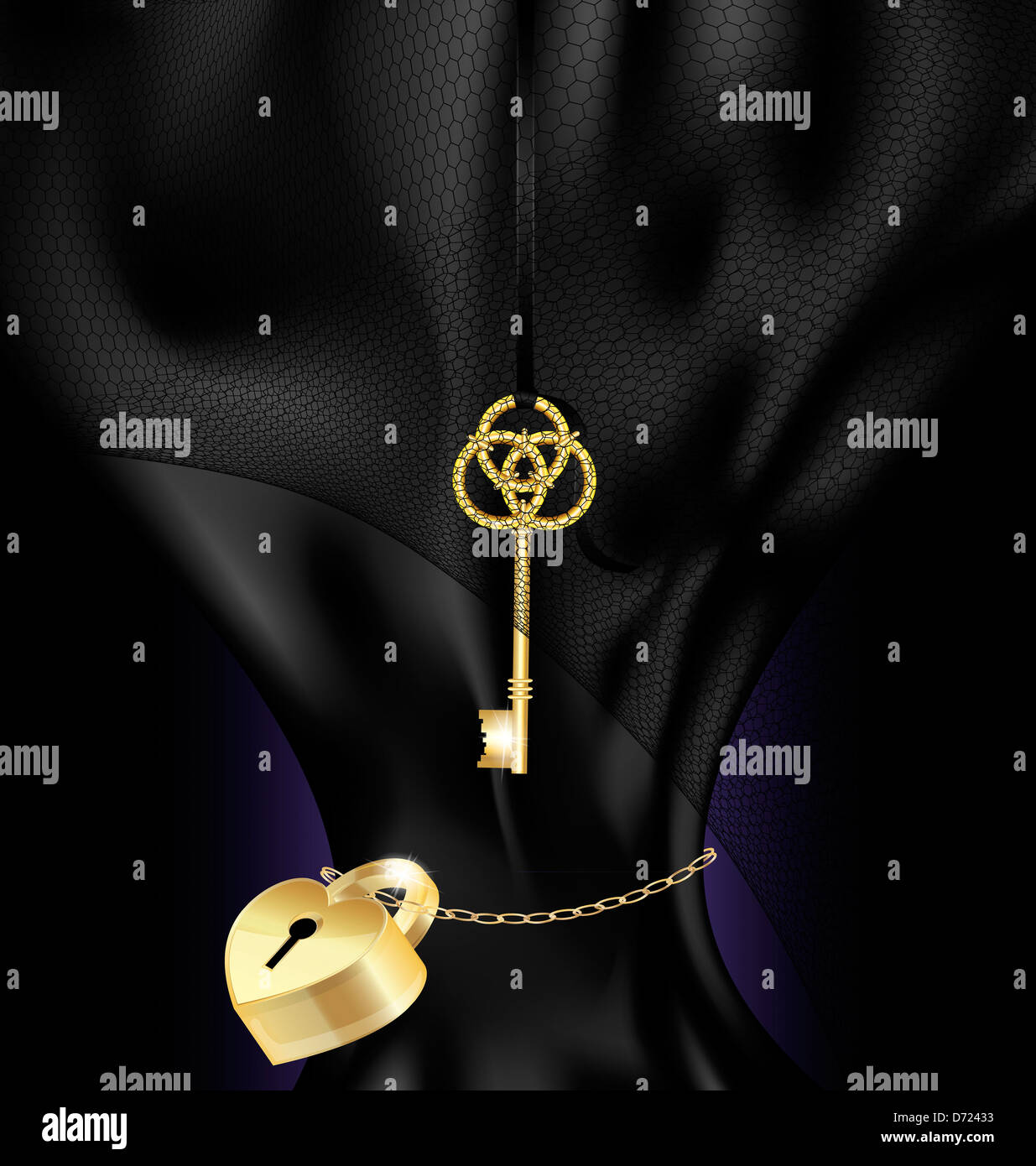Sur un fond noir sont noir soie, voile, clé d'or et de Banque D'Images