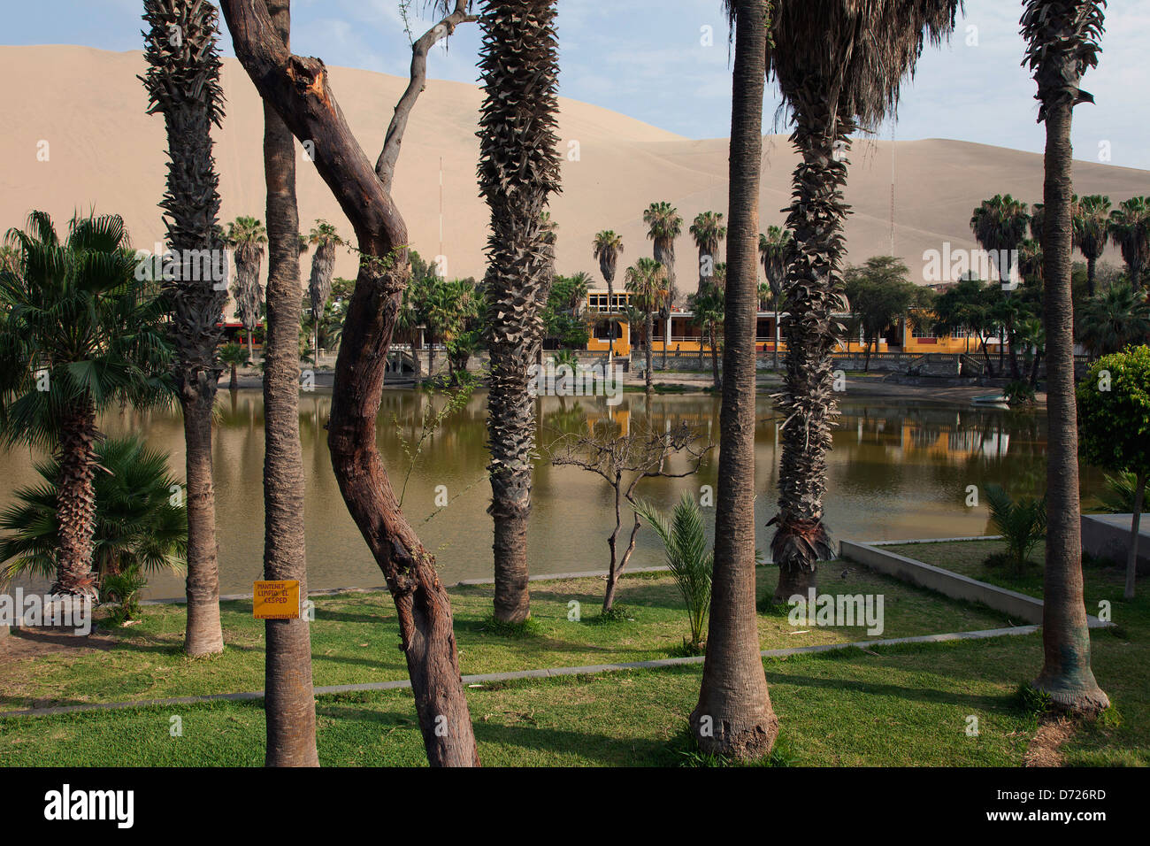 Un petit lac à Huacachina, une oasis village près d'Ica, au Pérou. Banque D'Images