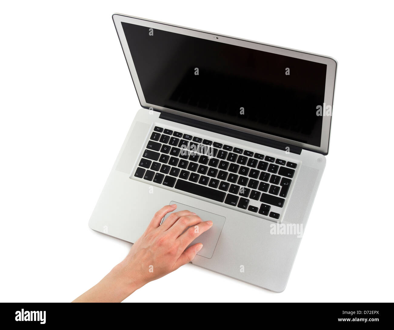 Ordinateur portable avec la main. Deux chemins de détourage inclus, l'un pour l'écran LCD Banque D'Images
