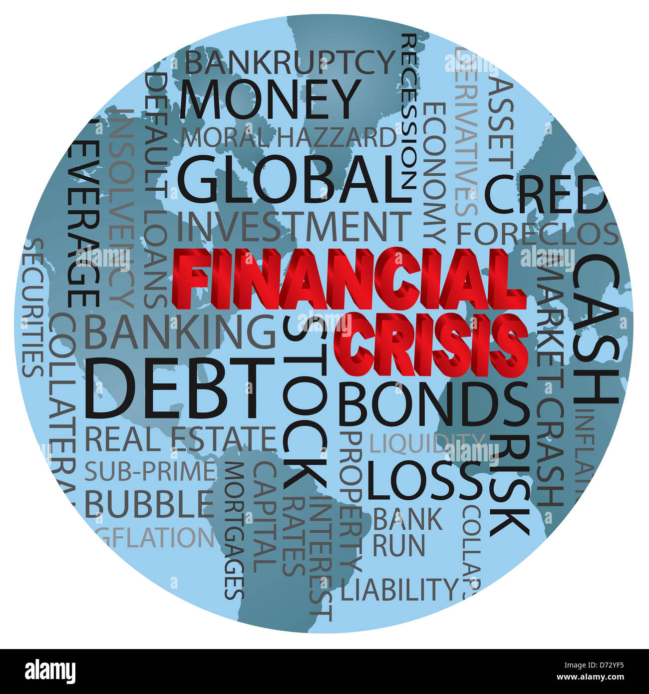 La crise financière mondiale en 3D Nuage de mots rouge Illustration dans World Globe Background Banque D'Images