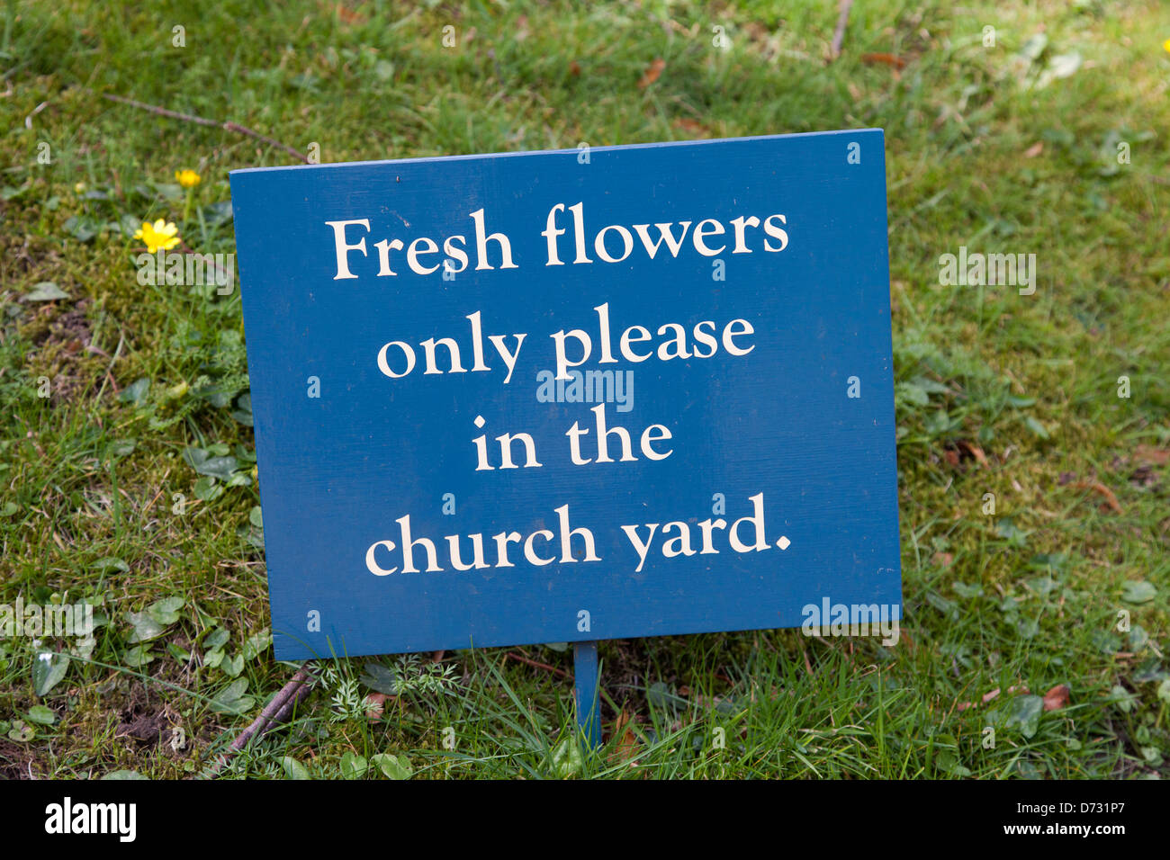 Un seul signe de fleurs fraîches dans une cour de l'église au Royaume-Uni. Banque D'Images