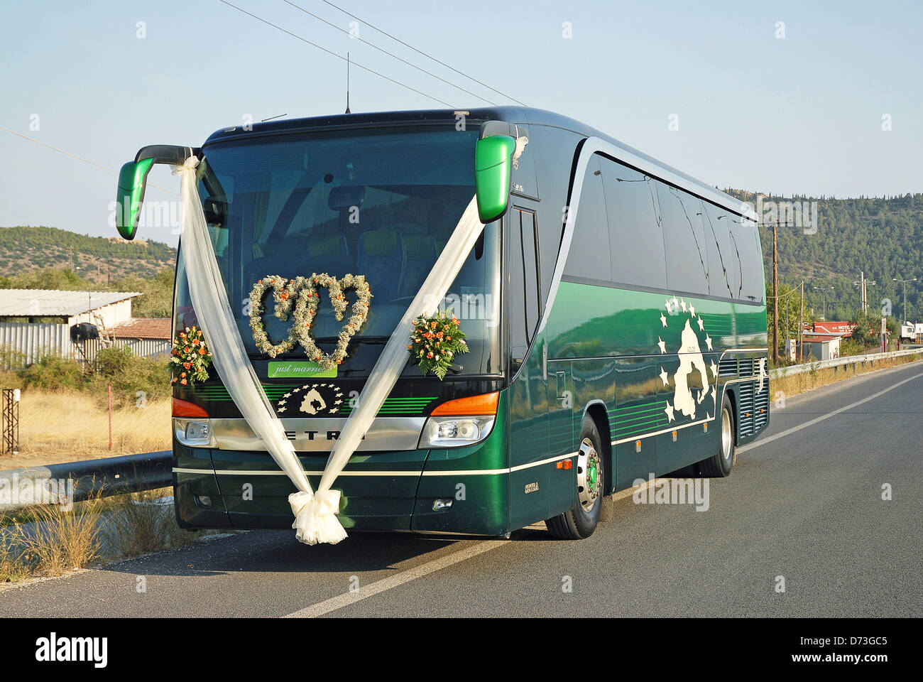 Décorées de bus pour le mariage d'un conducteur de bus Grec Banque D'Images