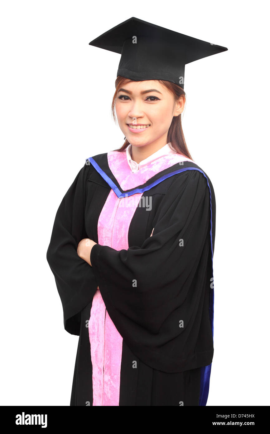 Femme avec graduation cap and gown sur fond blanc Banque D'Images