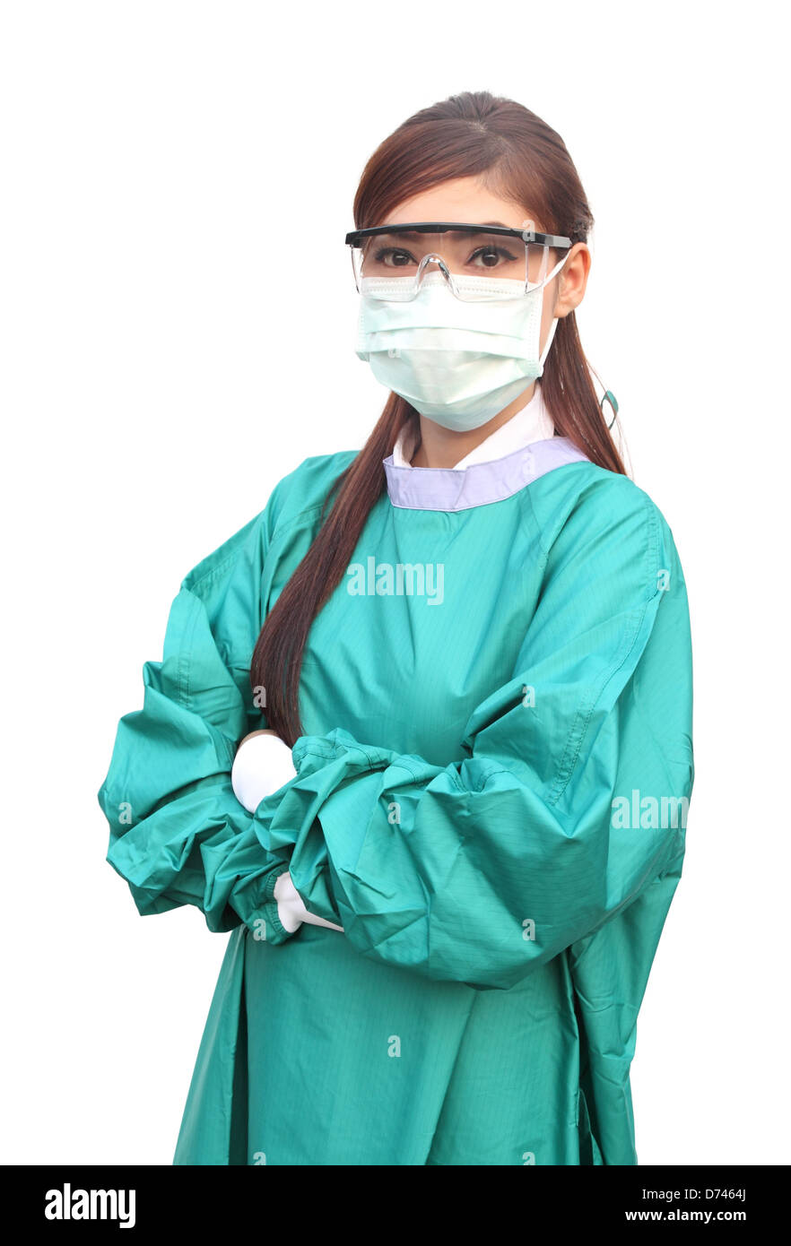 Femme médecin portant un masque vert avec des gommages et des verres Banque D'Images