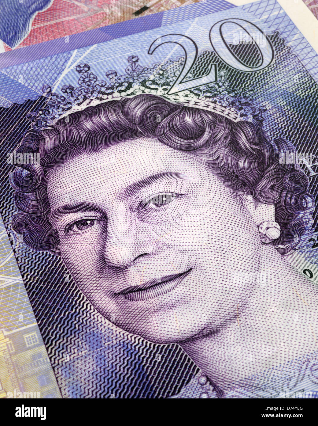 Reine sur un £20 pound note close up Banque D'Images