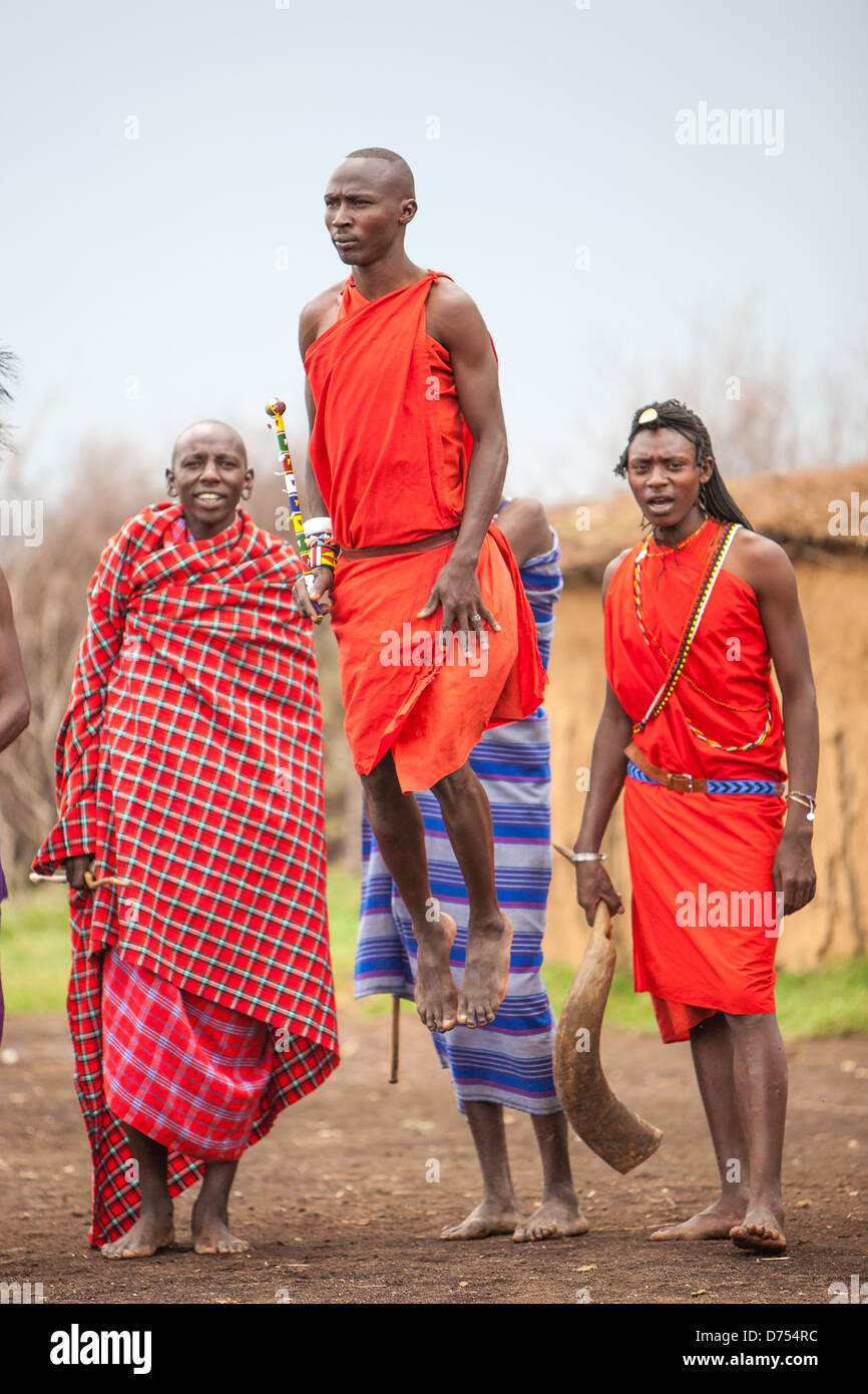 Les hommes Massaï bondissent énergiquement dans les airs lors de la danse de saut traditionnelle Adumu, une démonstration vibrante de force, d'endurance et de fierté. Banque D'Images