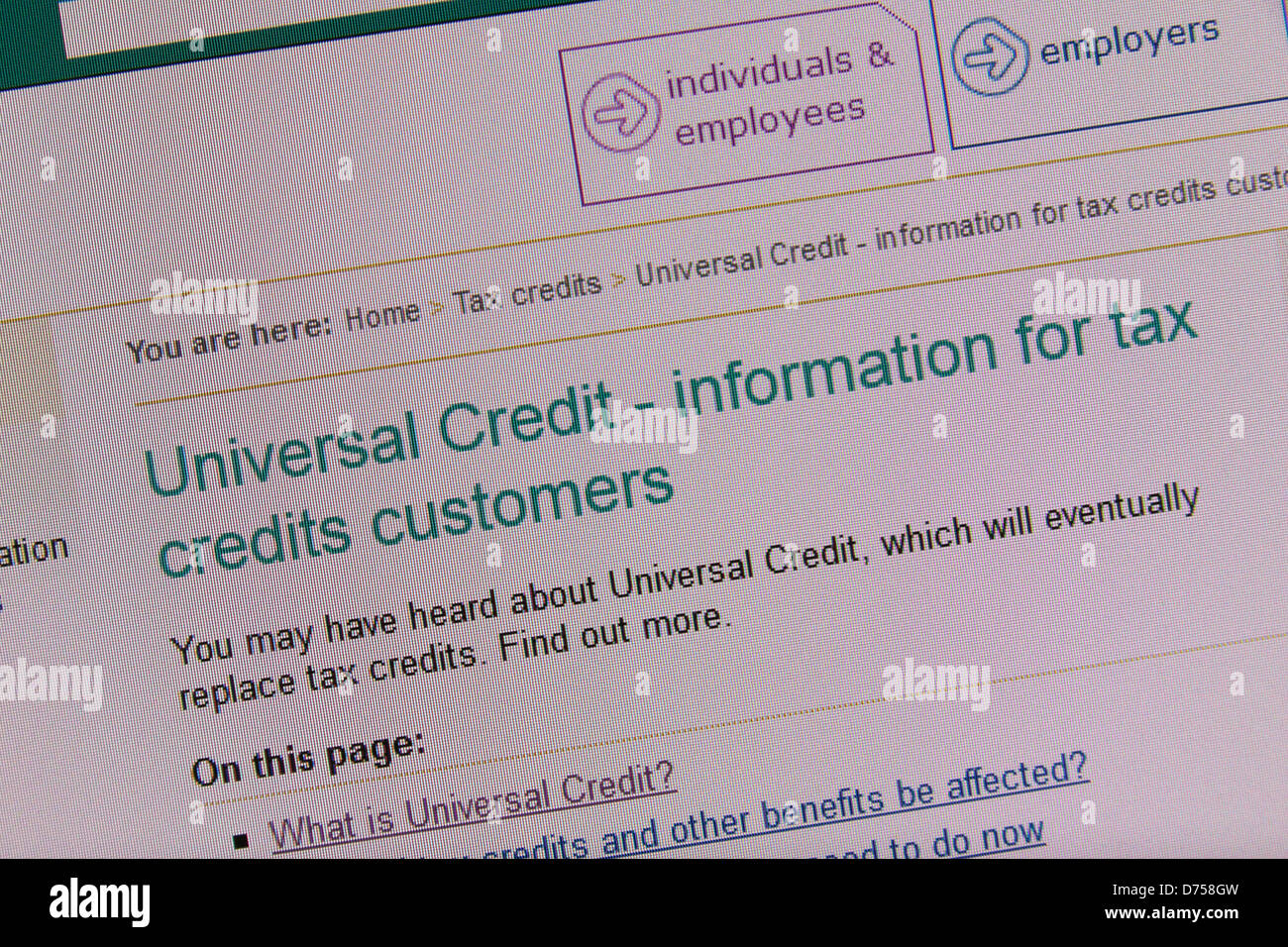 Capture d'écran d'une page de site web de HMRC pour le nouveau crédit universel (déploiement a commencé 29 avril 2013), introduit pour remplacer plusieurs avantages actuels. Banque D'Images