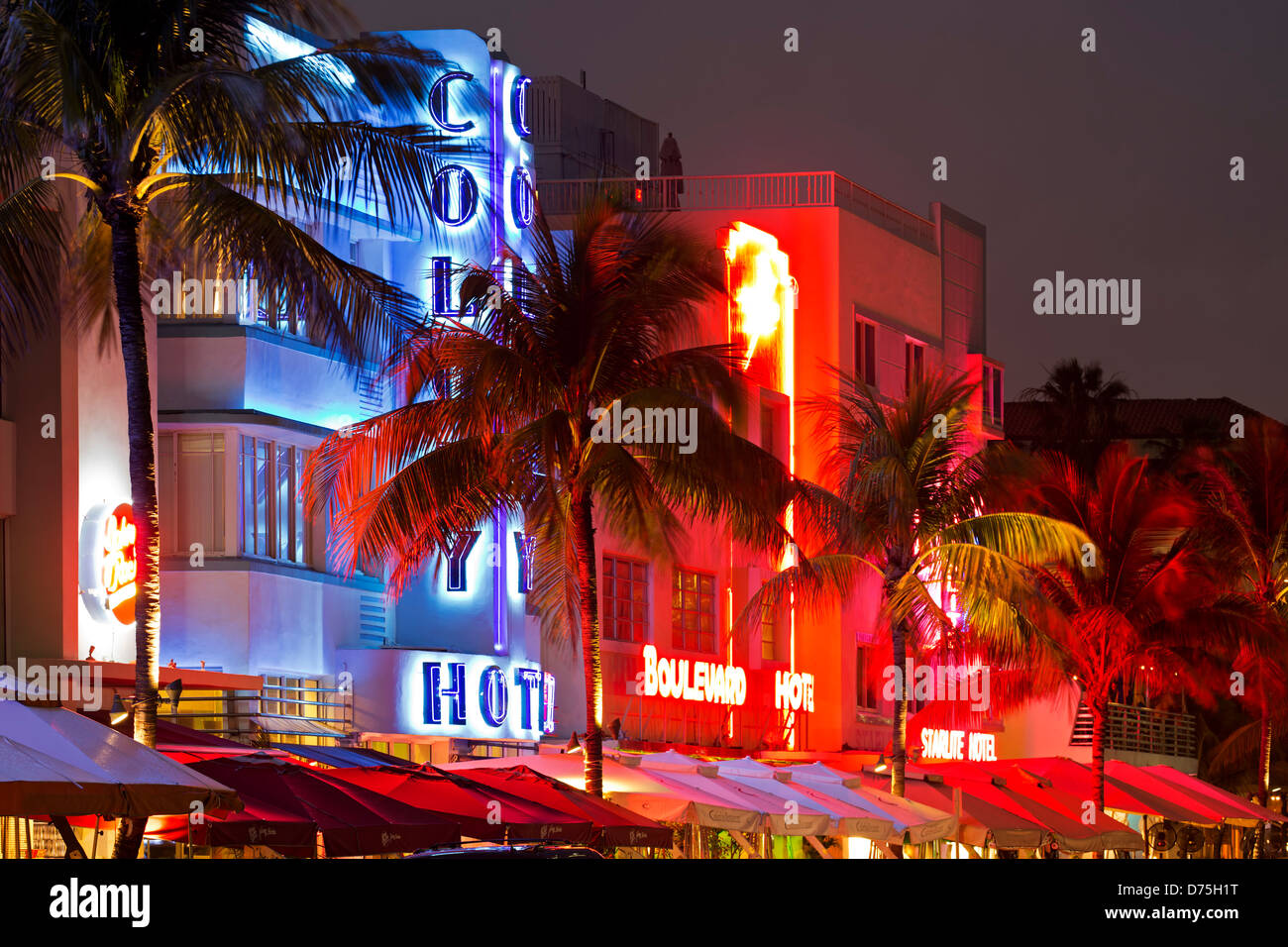 Rangée d'hôtels, hôtel Colony, South Beach, Miami Beach, Floride USA Banque D'Images