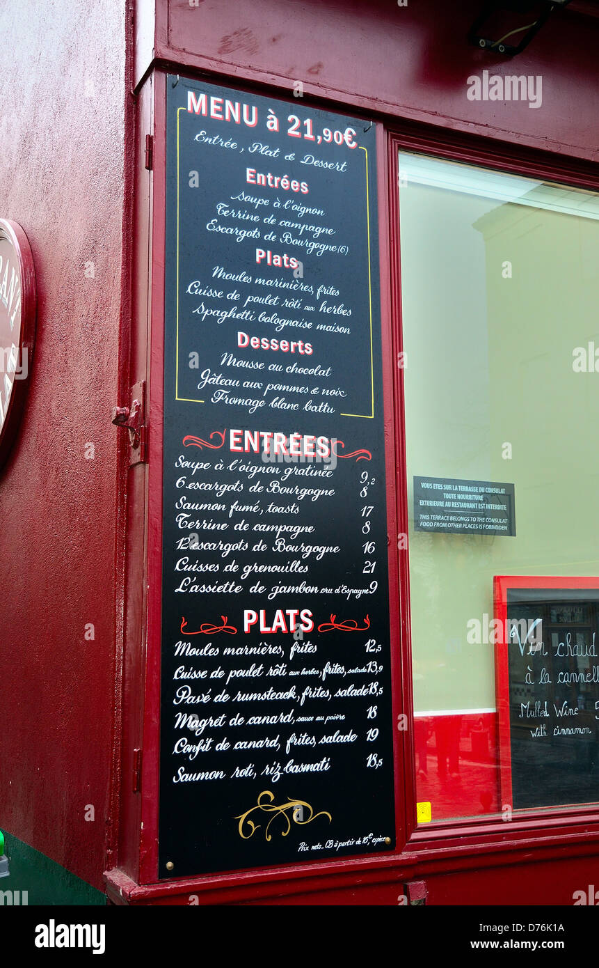 Close up de l'extérieur du menu restaurant à Paris Banque D'Images