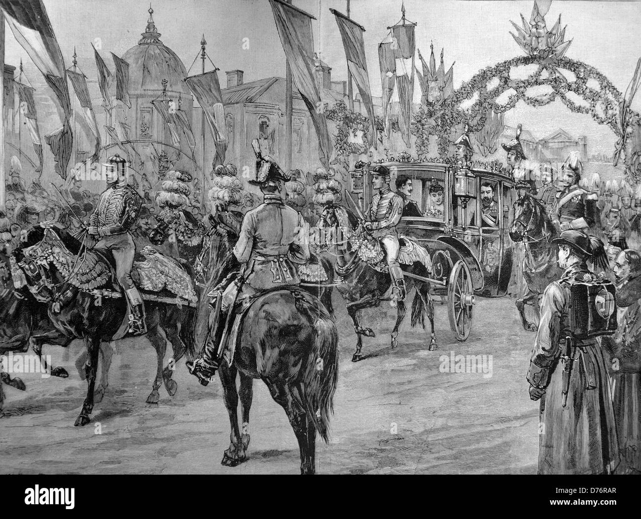 Procession d'entrée des nouveaux mariés héritiers du trône roumain à Bucarest, Roumanie, circa 1871 gravure sur bois Banque D'Images