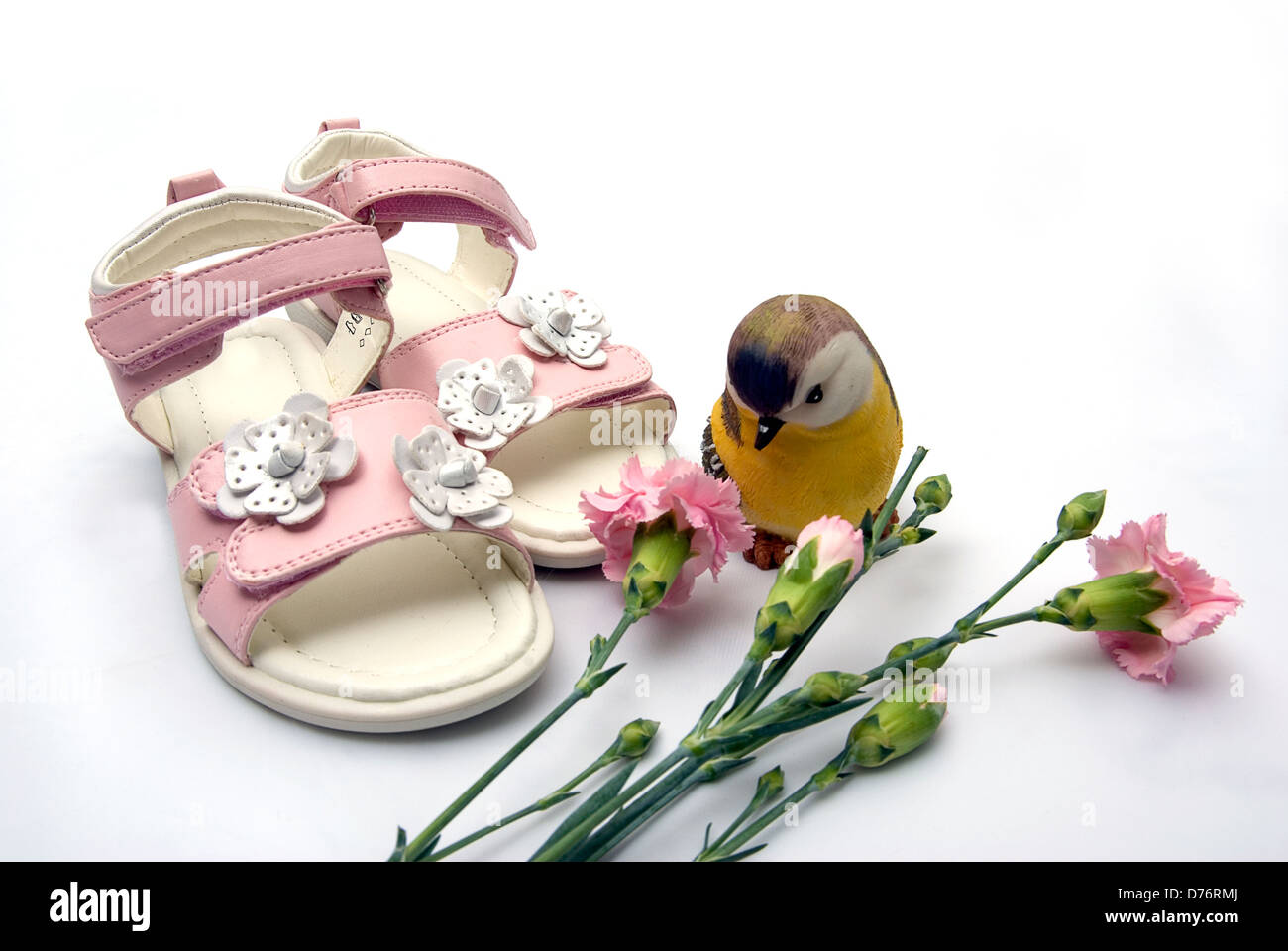 Chaussures rose fille à côté d'un oiseau coloré et trois gousses Banque D'Images