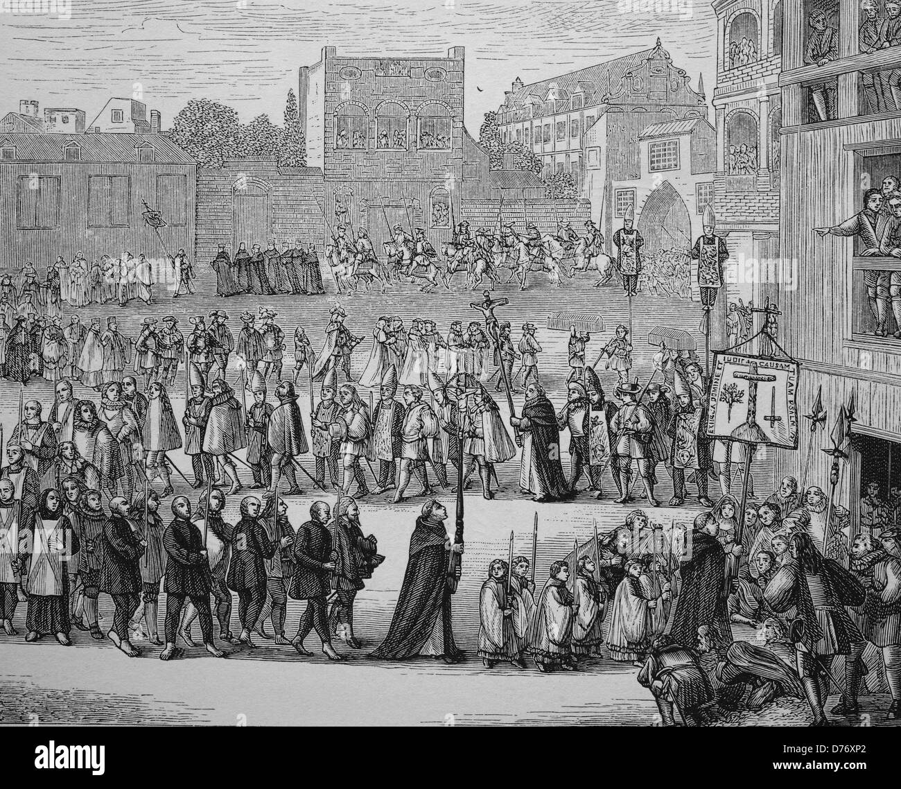 Procession d'un auto-da-fé, inquisition, gravure sur bois de 1880 Banque D'Images
