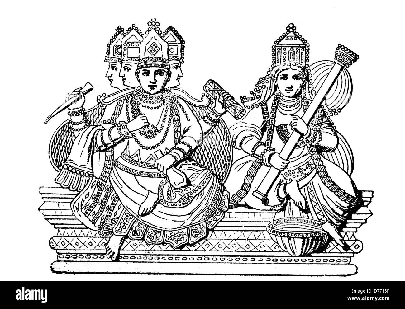 Brahma et Saraswati, dieux hindous, en Inde, gravure sur bois de 1880 Banque D'Images