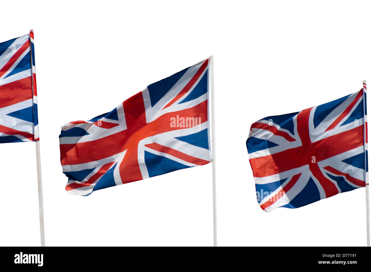 3 Trois drapeaux Union Jack Against A Blue Sky Banque D'Images