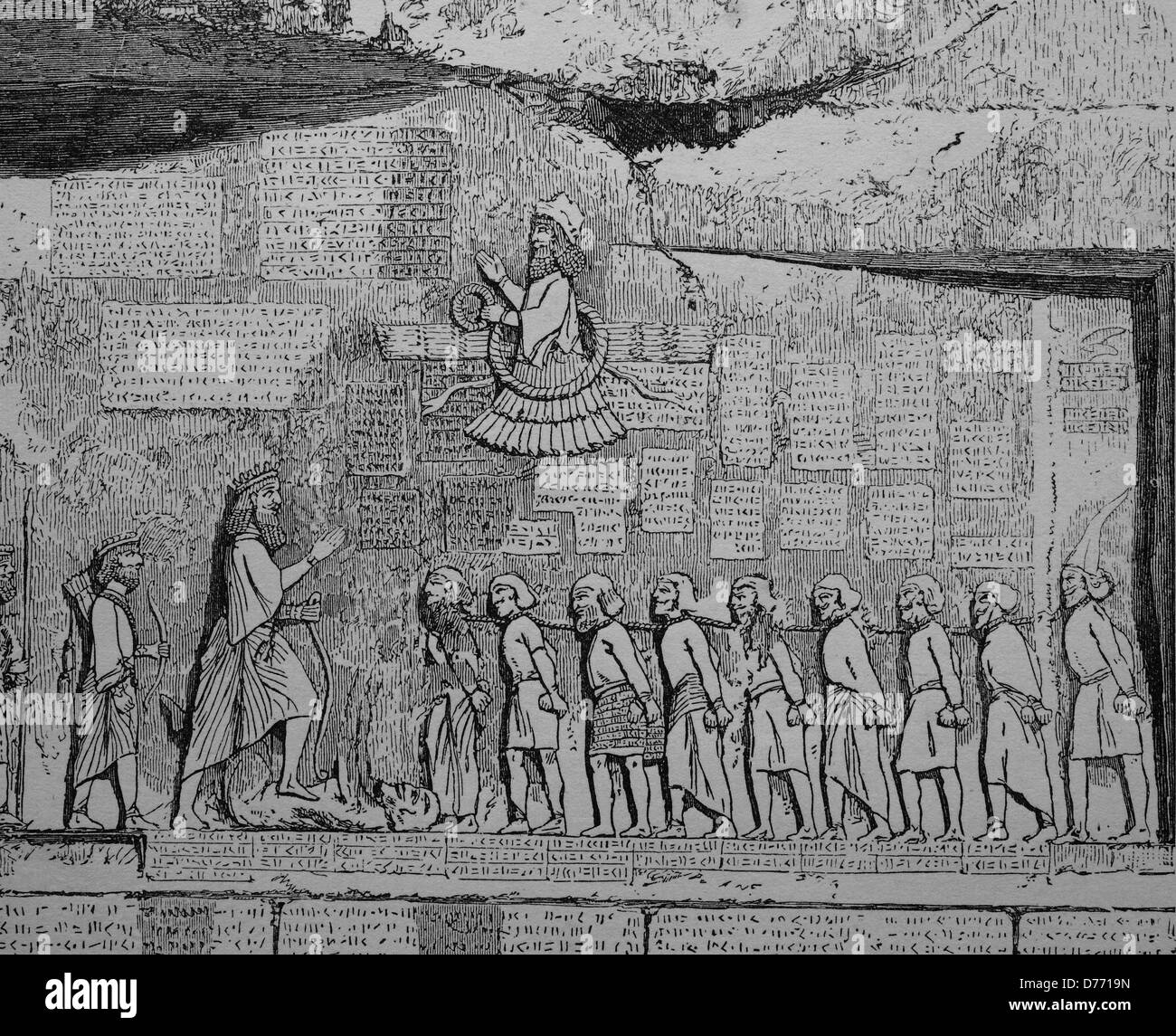 Behistun Inscription, de secours avec une inscription à propos de Darius I, Bistun à Kermanshah, Iran, gravure sur bois de 1880 Banque D'Images