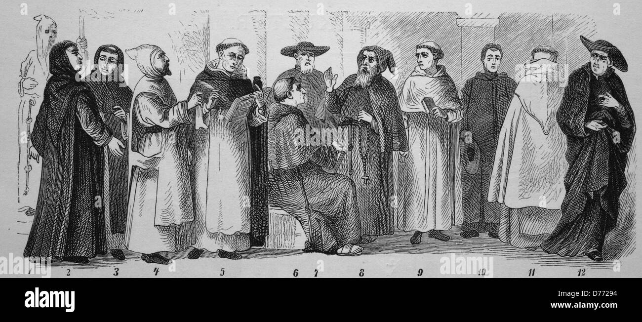 Chevaliers religieux : UN Bodsbroder Hvid, un moine bénédictin, un Chartreux, un cistercien, un Dominicain, un franciscain, un, Augustin Banque D'Images