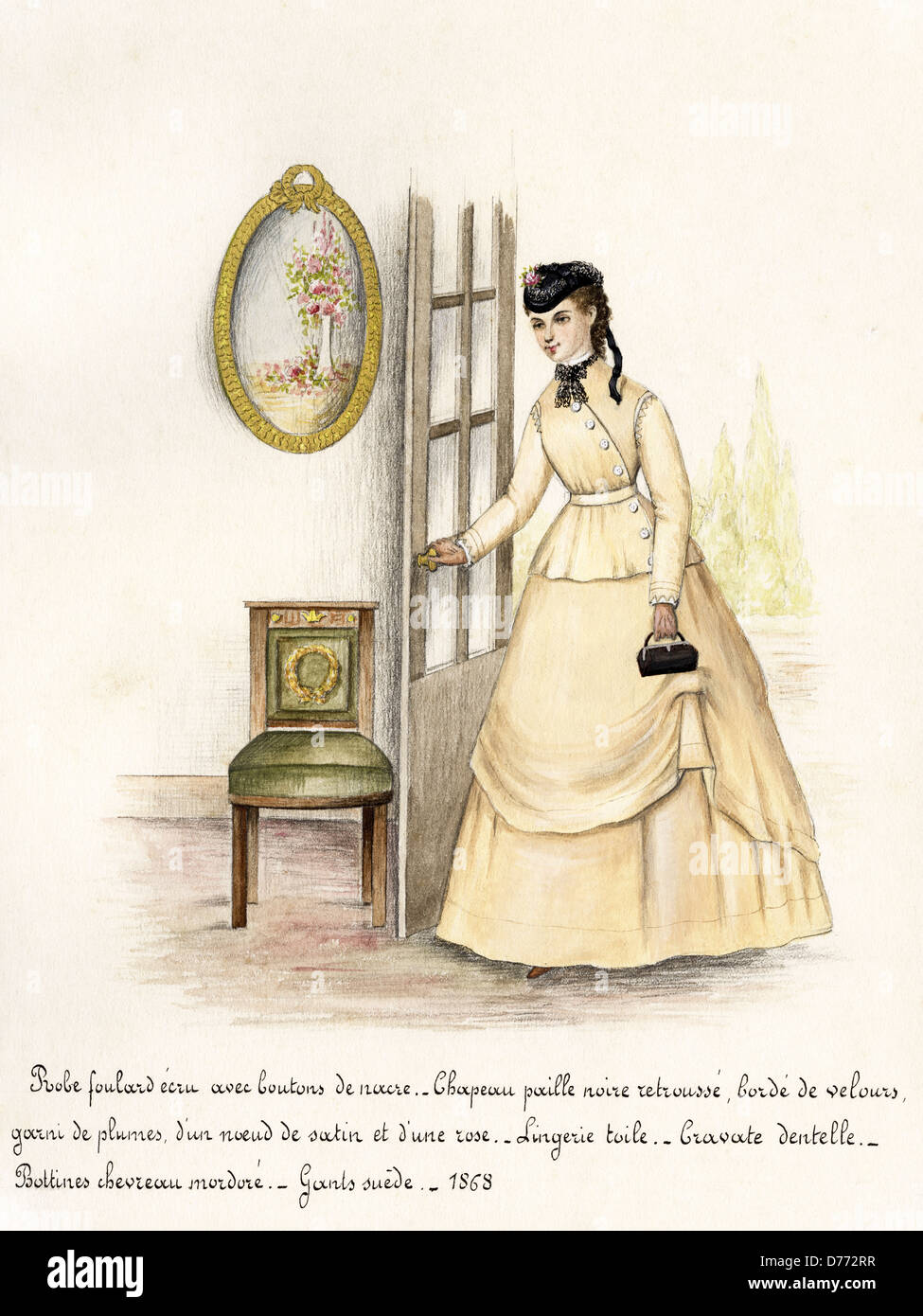 La mode française de l'époque victorienne en date du 1868. Aquarelle originale avec description de la conception en langue française de l'artiste inconnu Banque D'Images