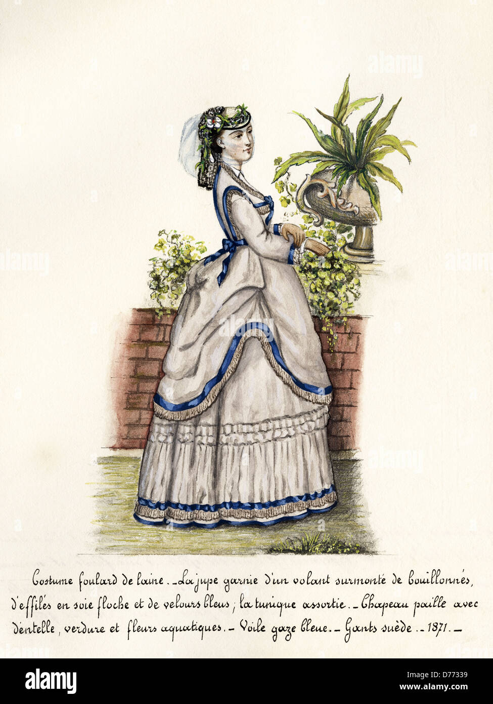 La mode française de l'époque victorienne en date du 1871. Aquarelle originale avec description de la conception en langue française de l'artiste inconnu Banque D'Images