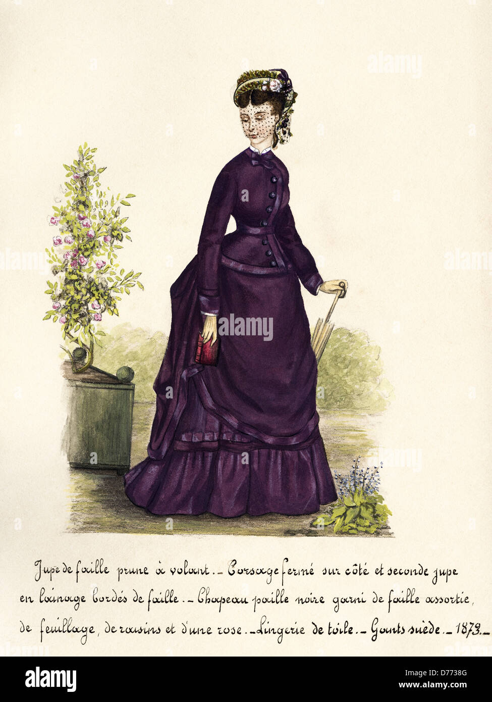 La mode française de l'époque victorienne en date du 1873. Aquarelle originale avec description de la conception en langue française de l'artiste inconnu Banque D'Images