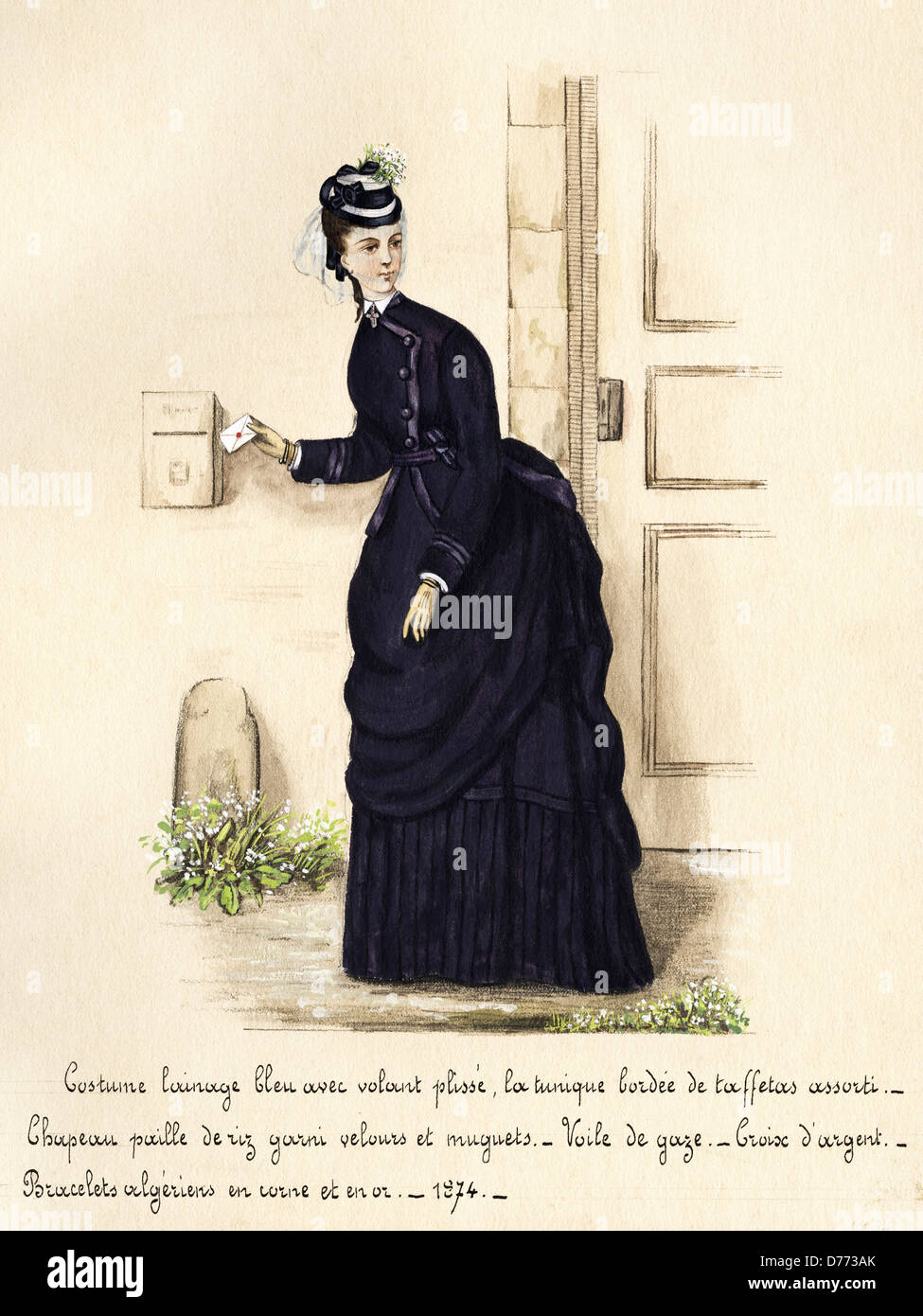 La mode française de l'époque victorienne en date du 1874. Aquarelle originale avec description de la conception en langue française de l'artiste inconnu Banque D'Images