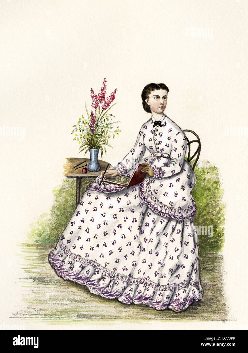 La mode française de l'époque victorienne datant de 1870. Aquarelle originale artiste inconnu Banque D'Images