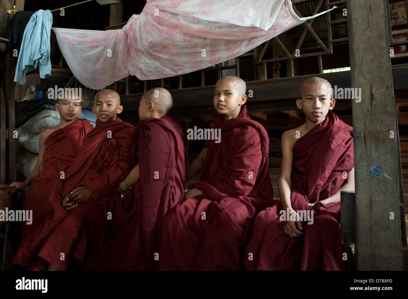Junge buddhistische Mönche bei einer Speisung am 01.04.2013 à Bagan, Myanmar. Foto : Sebastian Kahnert Banque D'Images
