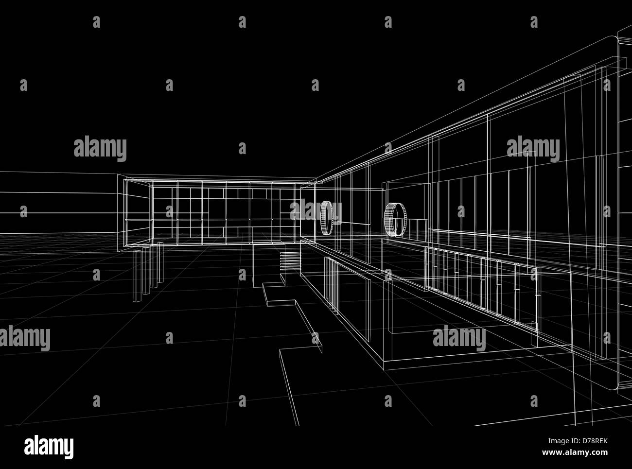 Plan de construction sur fond noir. La conception des bâtiments et mon propre modèle 3D Banque D'Images