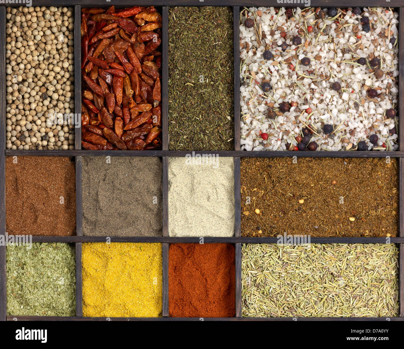 Beaucoup de différentes épices dans un encadrement en bois fort vu du dessus Banque D'Images
