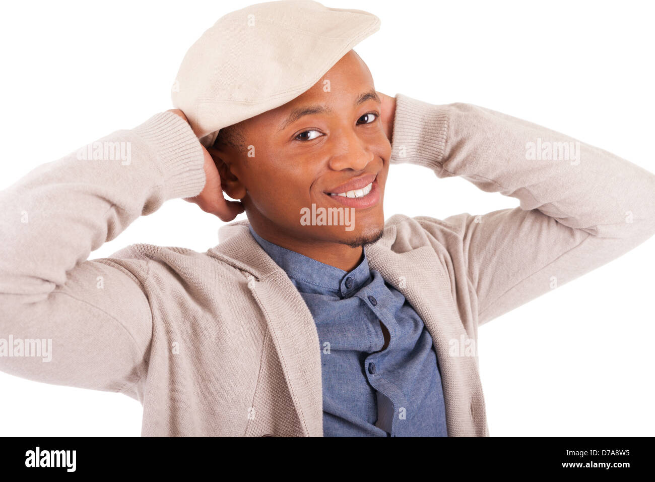 Casual young African man posing on white background Banque D'Images