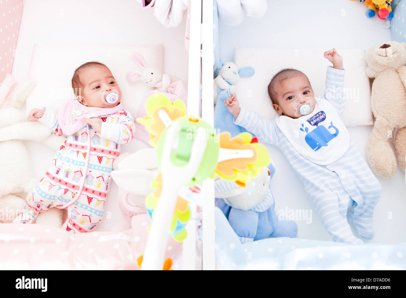 Un Passage Tire De Soeur Jumelle Et Son Frere Dans Leur Cote A Cote Dans Des Lits Bebe Mignon Poses Naturelles Photo Stock Alamy