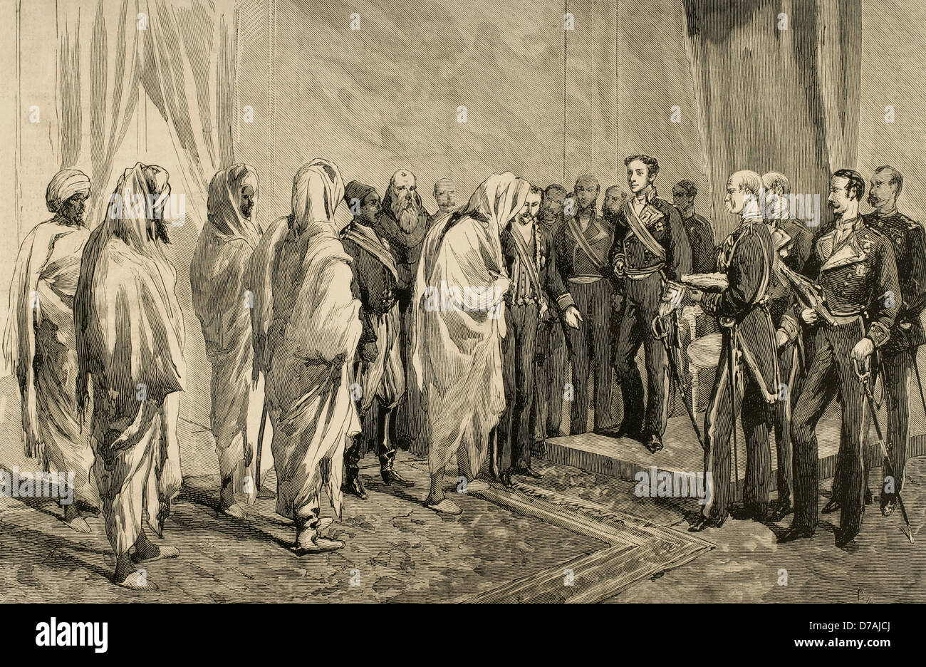 Alphonse XII (1857-1885), roi d'Espagne, de recevoir les félicitations de l'ambassade du Maroc. Ceuta. Le 20 mars 1877. Banque D'Images