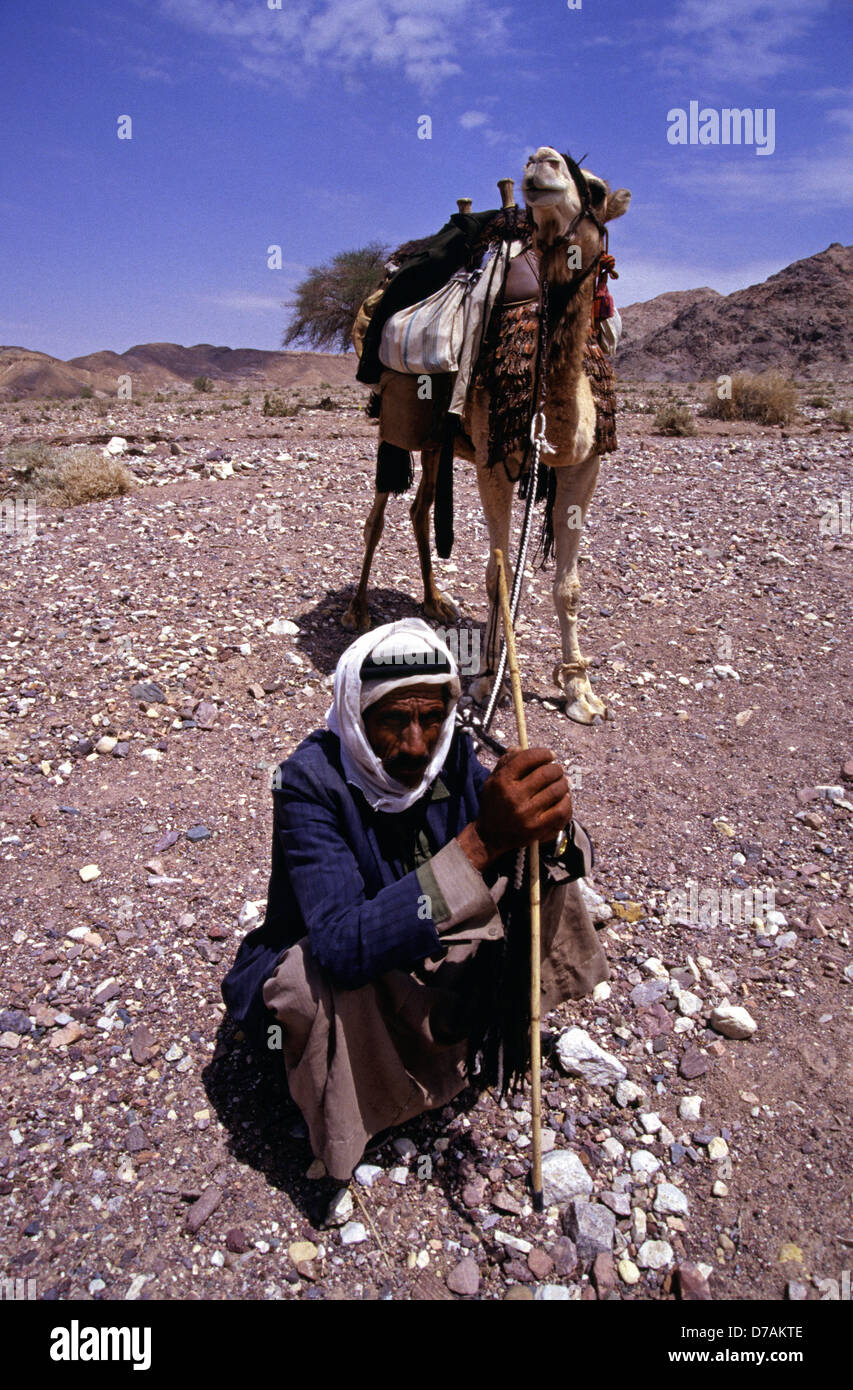 Nomades bédouins membre de la tribu Zawaideh, originaire de les déserts du sud de la Jordanie et de l'ouest de l'Arabie saoudite avec son chameau dans le désert de Wadi Rum connu aussi sous le nom de la vallée de la lune, dans le sud de la Jordanie Banque D'Images