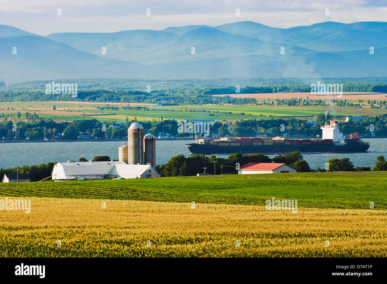 Champs, ferme et fleuve Saint-Laurent, Saint Michel De Bellechasse, Québec, Région du Québec. Banque D'Images