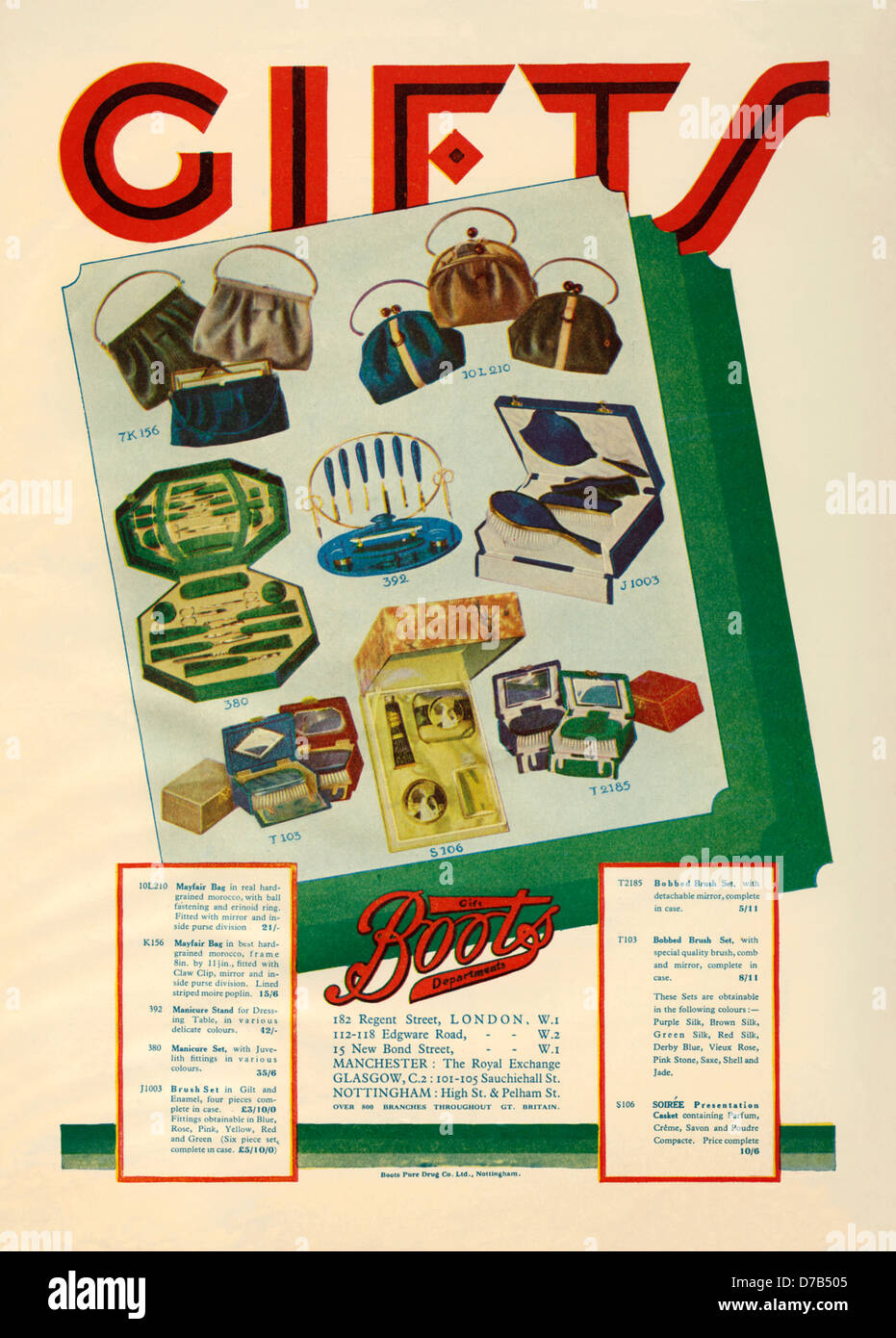 1928 publicité pour les articles-cadeaux de bottes, le chimiste de Nottingham, notamment des manucures et des ensembles de brosses, sacs et une boîte de parfums Banque D'Images