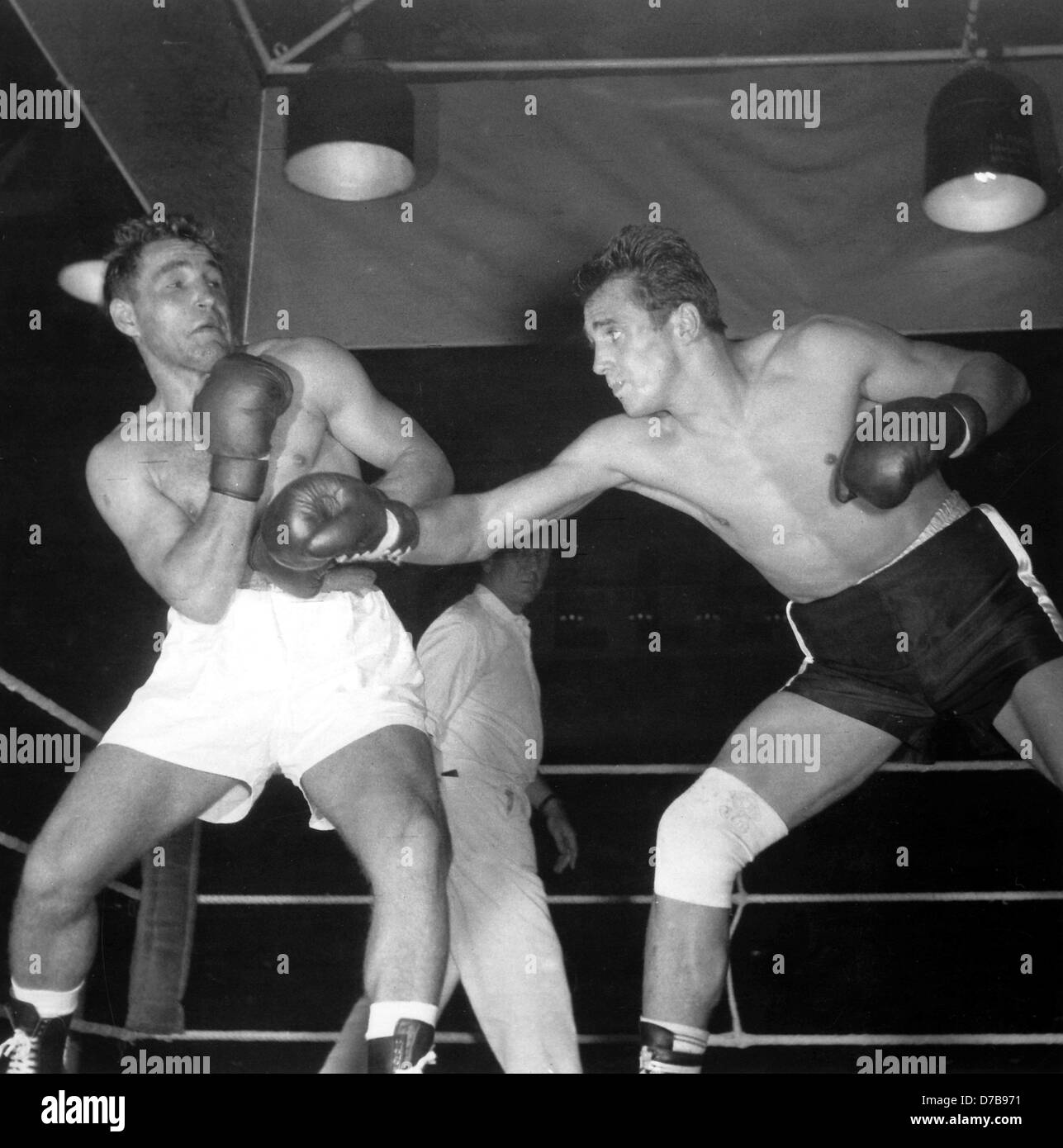 Franz Szüzina (l), des combats aussi léger, lourd et 'Gustav' Bubi Scholz (r), le 28 août en 1953 à Berlin. Szüzina a perdu son premier combat par knock out. Banque D'Images