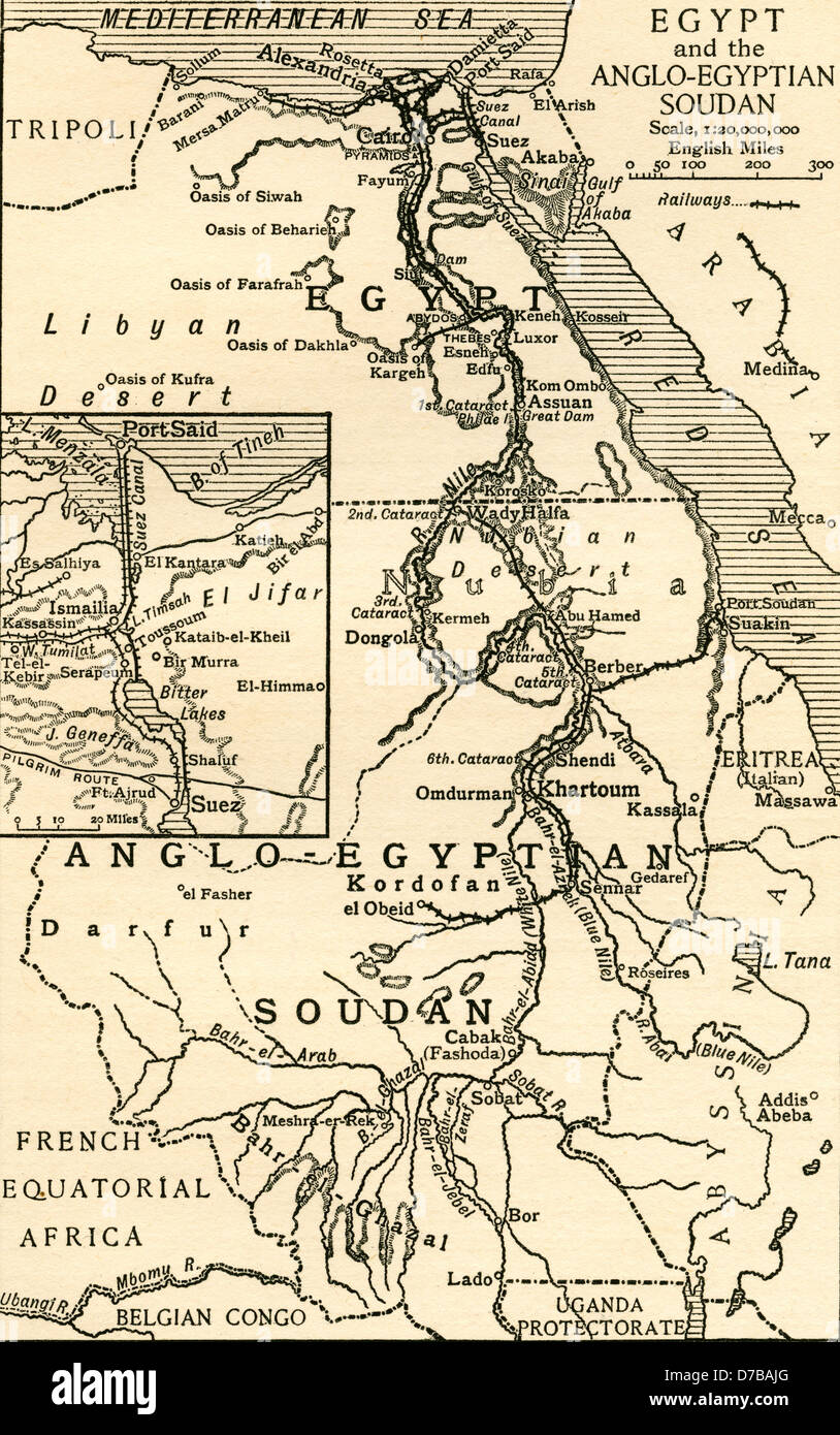 Carte de l'Egypte et le Soudan anglo-égyptiennes à l'époque de la guerre mahdistes à la fin du xixe siècle. Banque D'Images