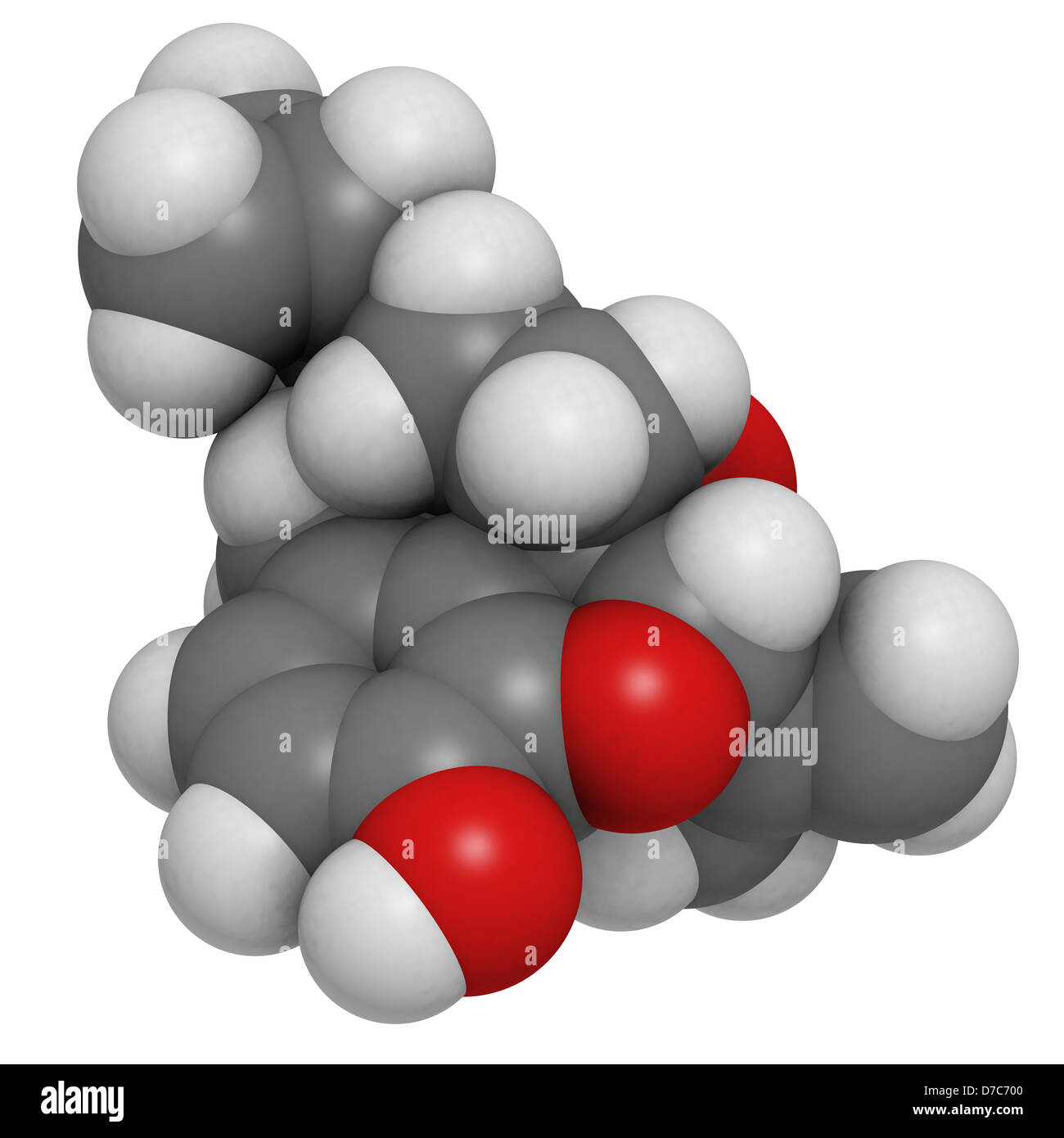 Le traitement de l'alcoolisme, la drogue nalméfène modèle moléculaire. Les atomes sont représentés comme des sphères avec codage couleur classiques Banque D'Images