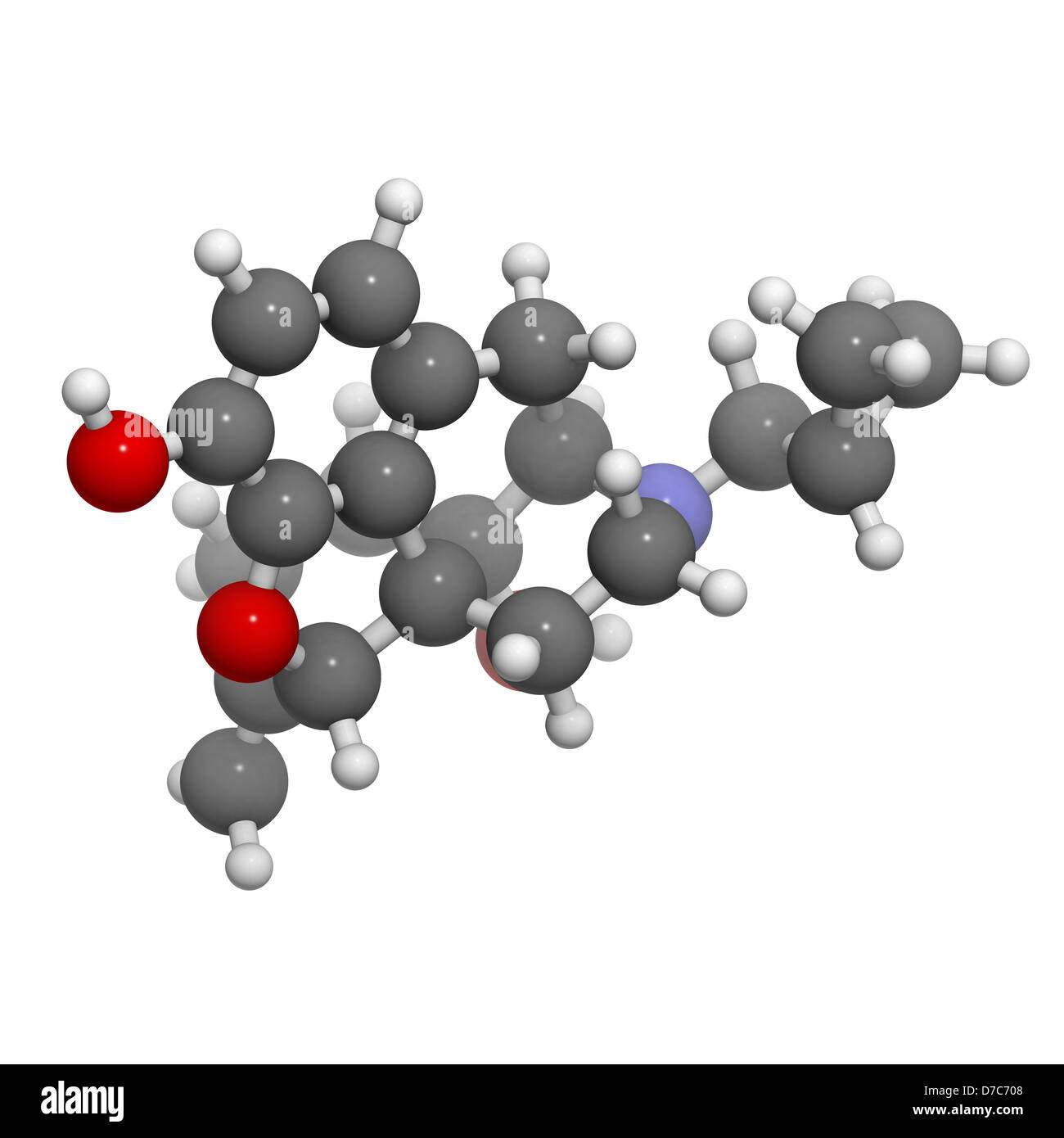 Le traitement de l'alcoolisme, la drogue nalméfène modèle moléculaire. Les atomes sont représentés comme des sphères avec codage couleur classiques Banque D'Images