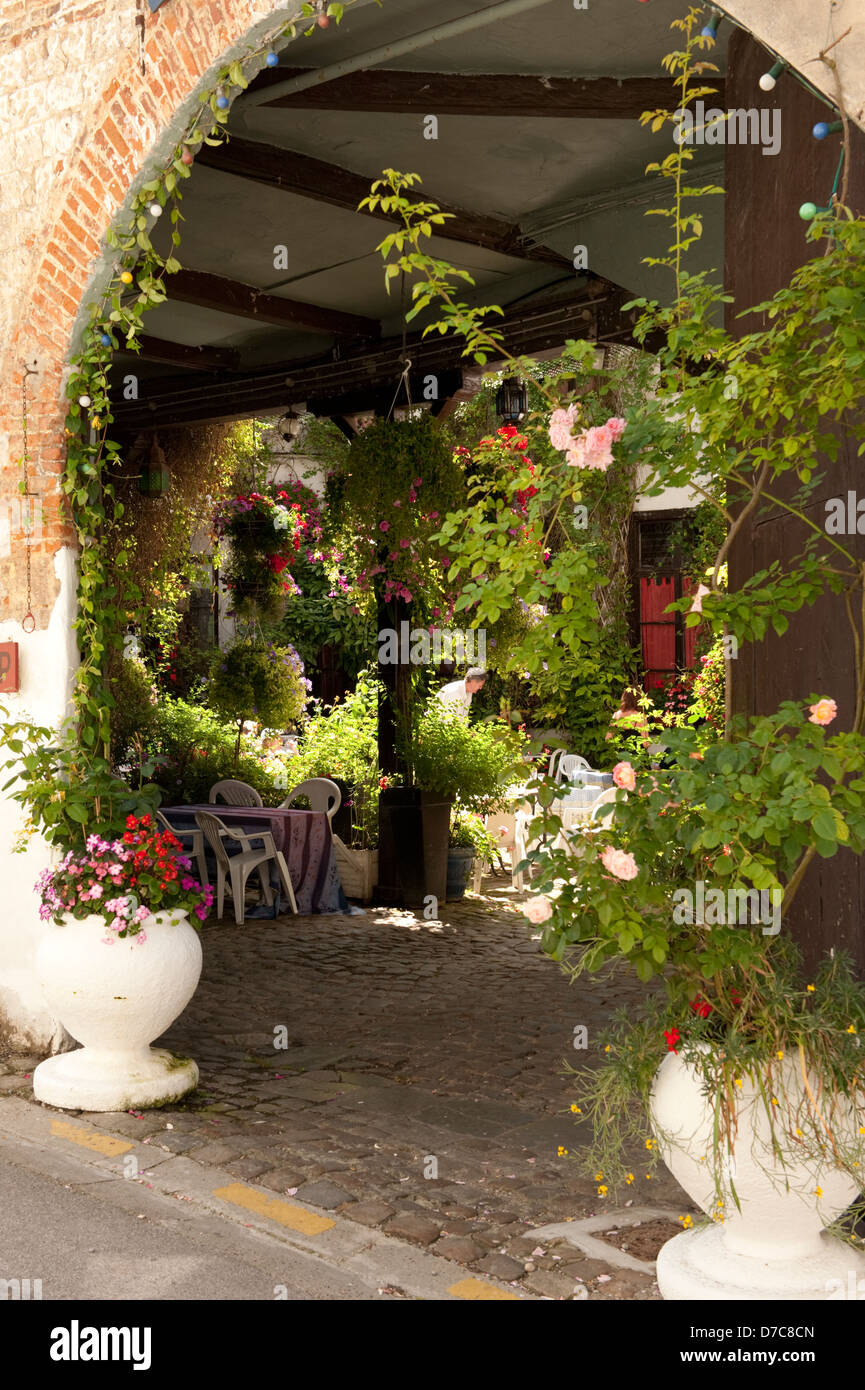 Terrasse de jardin fleurs d'été vieux français Montreuil France Europe UE Banque D'Images