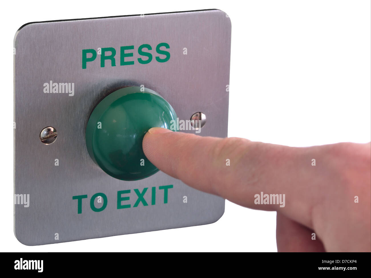 Image d'un doigt en poussant un bouton de sortie vert. Profondeur de champ avec l'accent sur le bout de doigt et bouton Banque D'Images