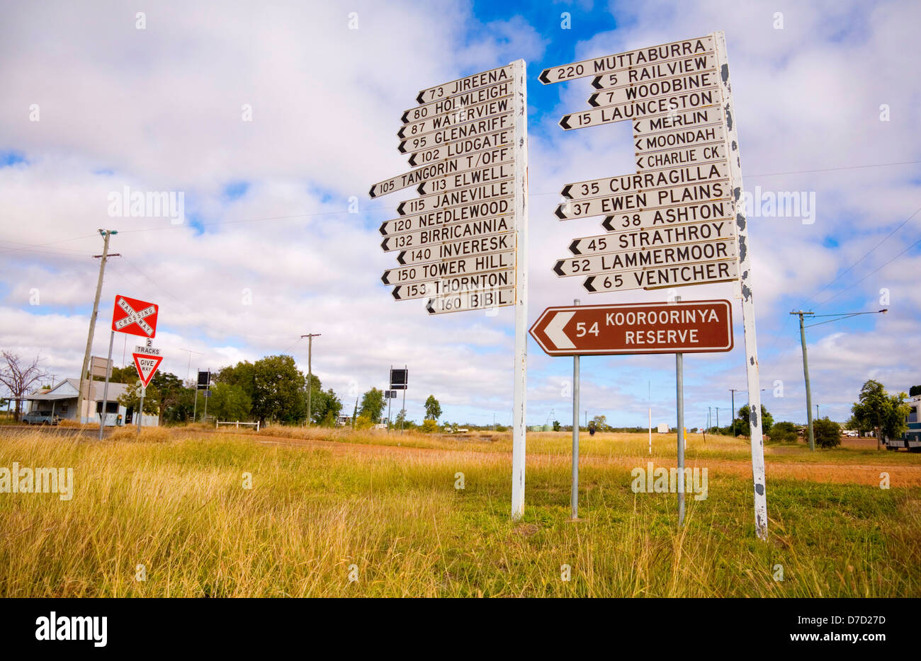 Deux grands panneaux de direction ou le doigt avec manu noms des villes de l'outback, et un troisième pour Kooroorinya réserver... Banque D'Images